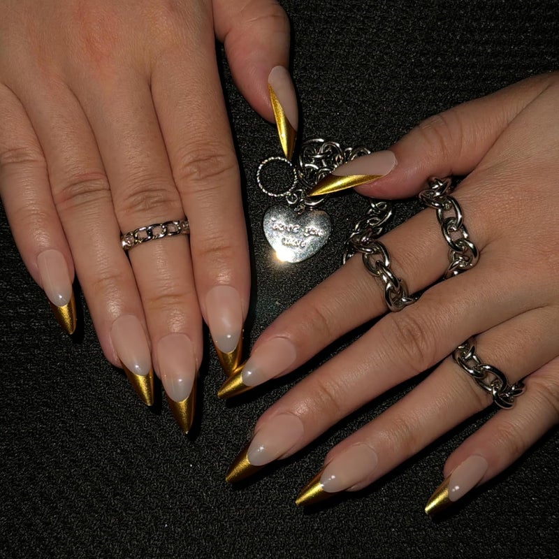 SINHOT Gold French Tip Press On Nails - Long Stiletto Fake Nails, Glossy Finish, Natural Daily Nails, DIY Artificial False Nail Art - 24 Pcs Nail Kit with Glue - Image 1